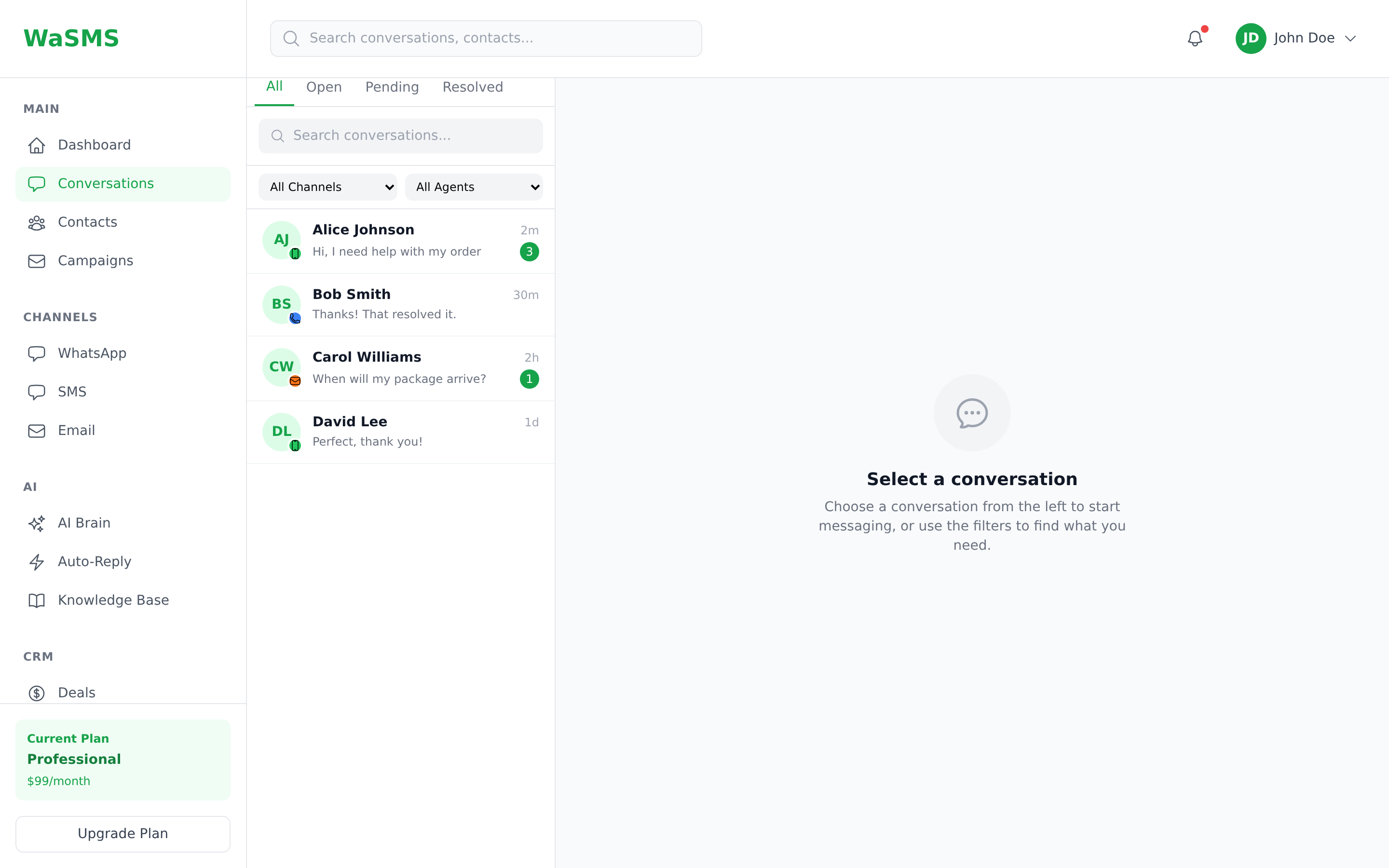 Unified Inbox - WaSMS Dashboard