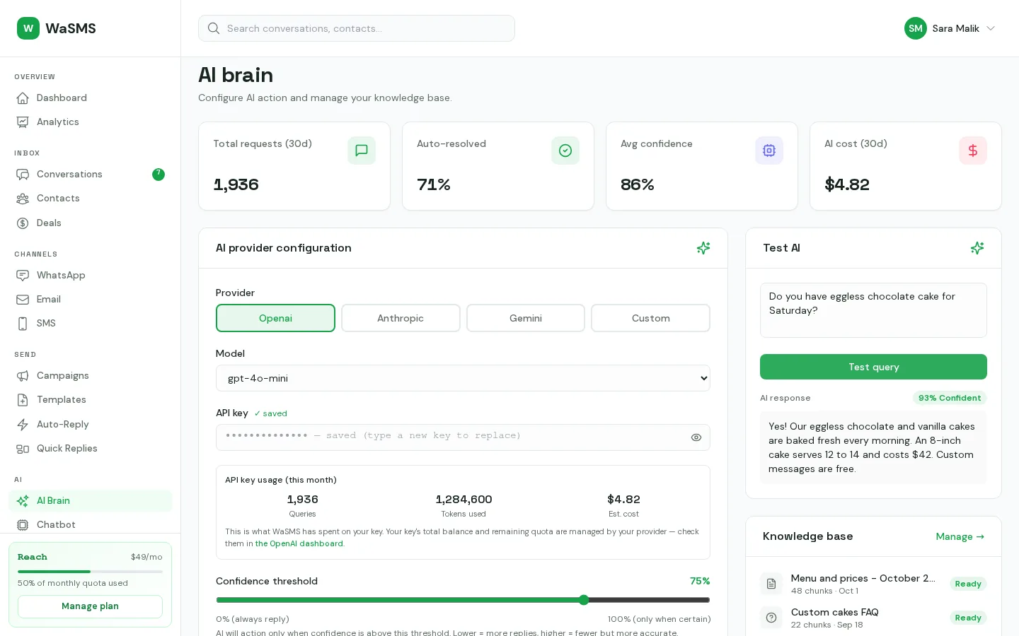 WaSMS AI assistant settings: which numbers the AI answers on by itself, and when