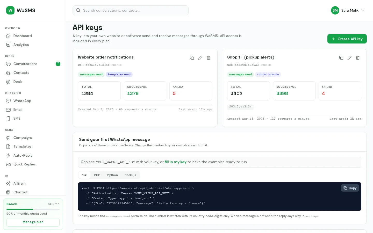 WaSMS API keys page