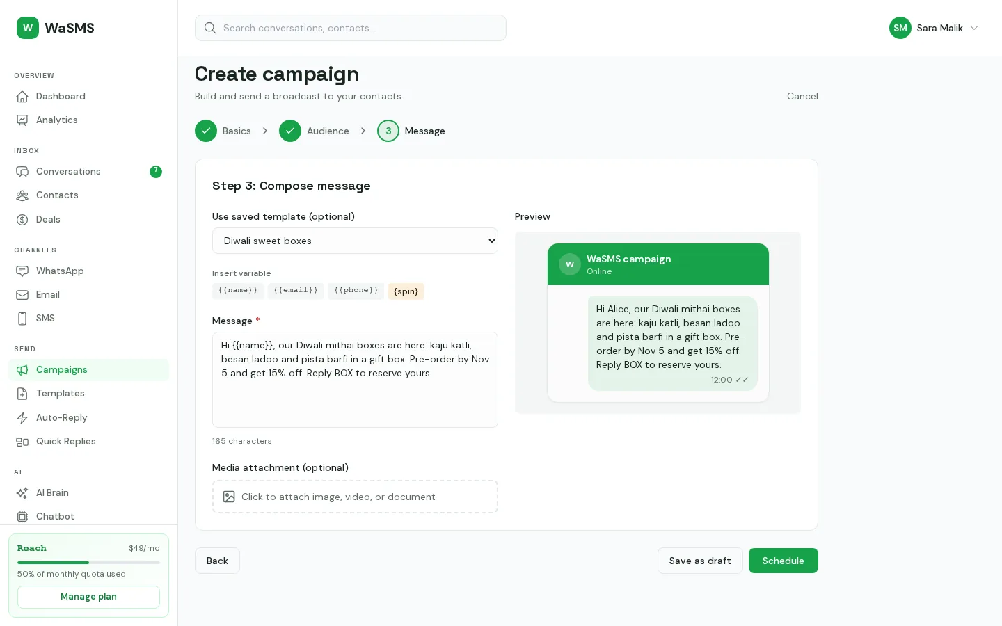 Creating a campaign in WaSMS