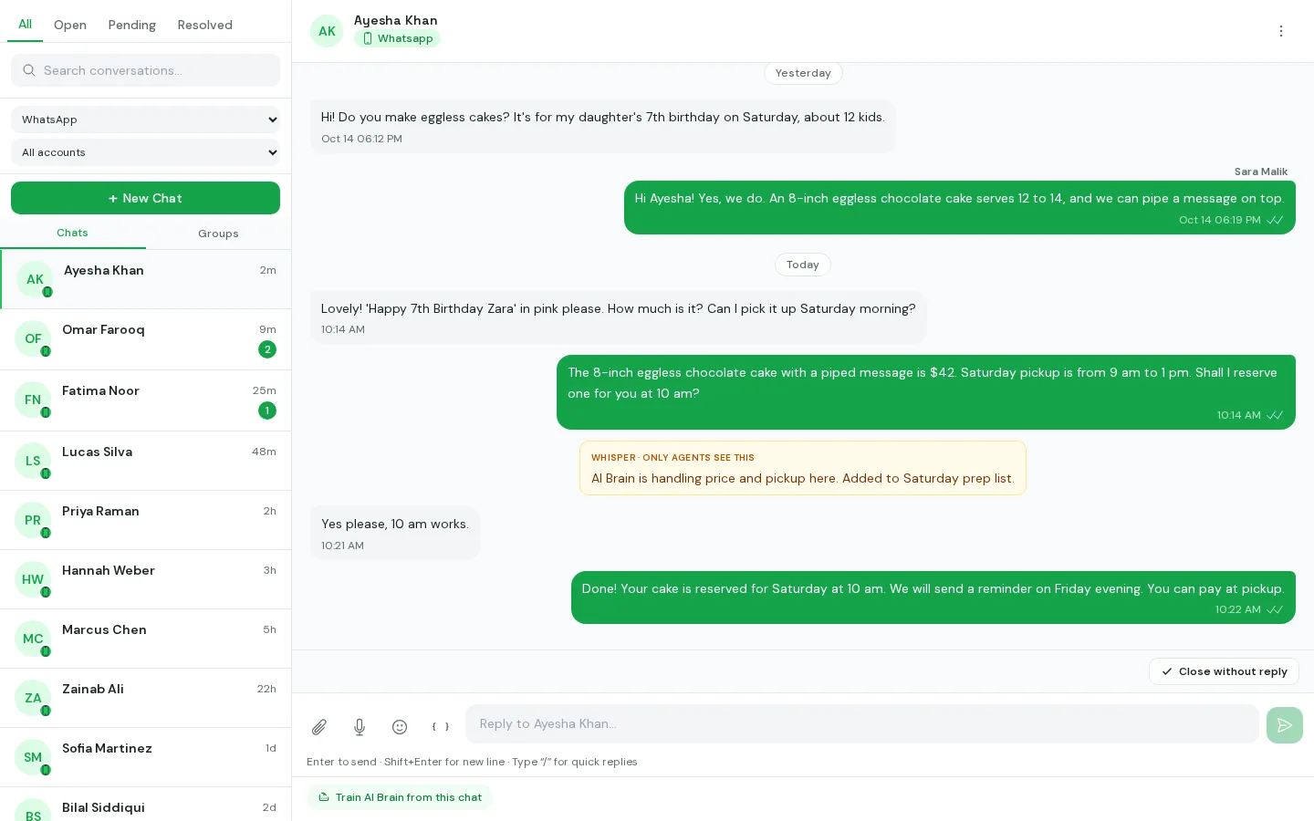 WaSMS inbox with WhatsApp chats and an open conversation where the AI books a cake order