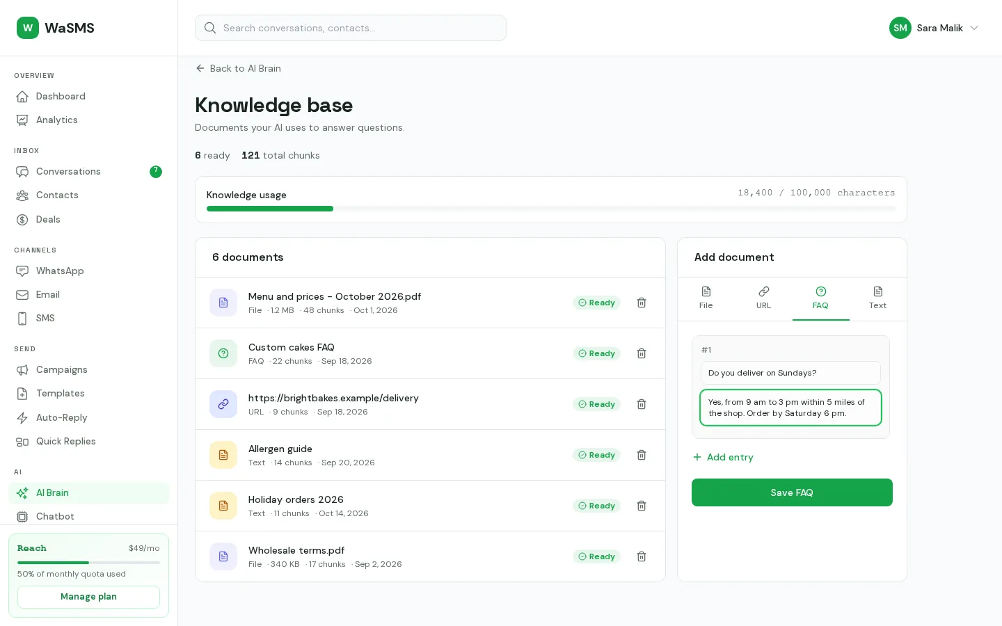 WaSMS AI knowledge page with the business information the AI answers from