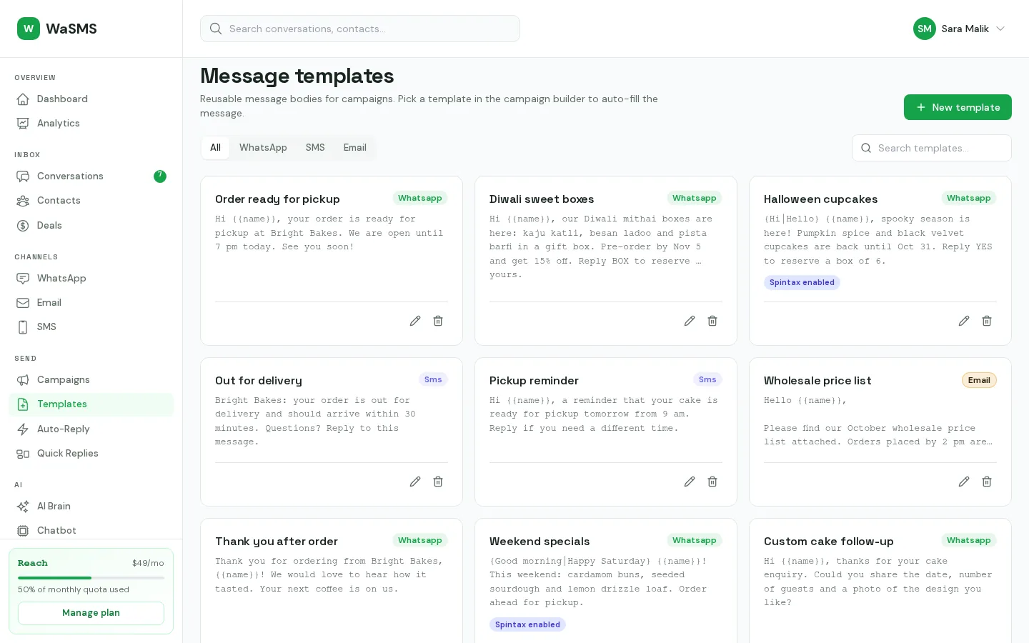 WaSMS message templates for WhatsApp, SMS and email